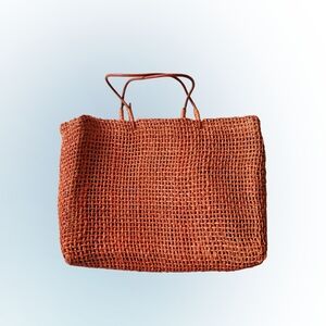 Orange Woven Tote Bag with Leather Handles